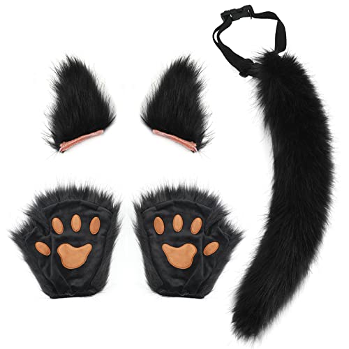 Juego de guantes de pelo sintético esponjoso de zorro lobo para cosplay, pinzas para el pelo, accesorios para exteriores, accesorios de fiesta de Halloween (negro)