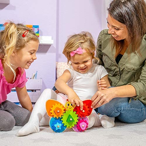 Juego de Mesa Mariposa con Engranajes - Juguete de Madera para Niños Pequeños - Juego Educativo para Niños de 3 Años - Material Montessori con Ruedas para Aprender Colores y Formas