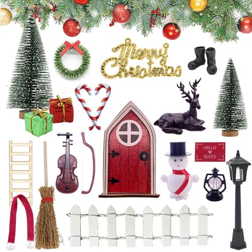 Juego de Navidad con Puerta de gnomo, Juego de Puerta de gnomo navideño, Accesorios navideños para gnomos en Miniatura con Puerta de Hadas, Juego de Puerta Secreta de Papá Noel, Puerta roja