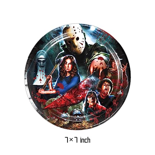 Juego de vajilla de fiesta de personajes de película de terror, 61 piezas, accesorios para fiestas de cumpleaños, accesorios de decoración de Halloween, plato de papel, tenedor para 20 invitados