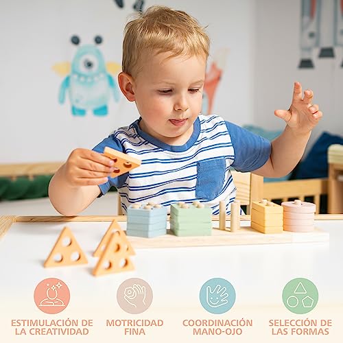 Juguetes Montessori de Apilamiento y de Selección 1 2 3 años - Juguete para Actividades y Desarrollo de Madera Colores Pastel - Juego Montessori para los Más Peques 1 año Montessori