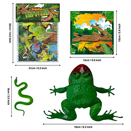 Jumbo Playset - Reptiles de Deluxebase. Set de Juego con Figuras de animalitos Bolsa de Reptiles de Juguete Grandes, Incluye Rana, Lagarto y Serpiente. Animales selváticos de Juguete para niños