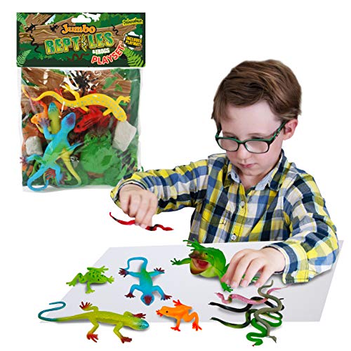 Jumbo Playset - Reptiles de Deluxebase. Set de Juego con Figuras de animalitos Bolsa de Reptiles de Juguete Grandes, Incluye Rana, Lagarto y Serpiente. Animales selváticos de Juguete para niños