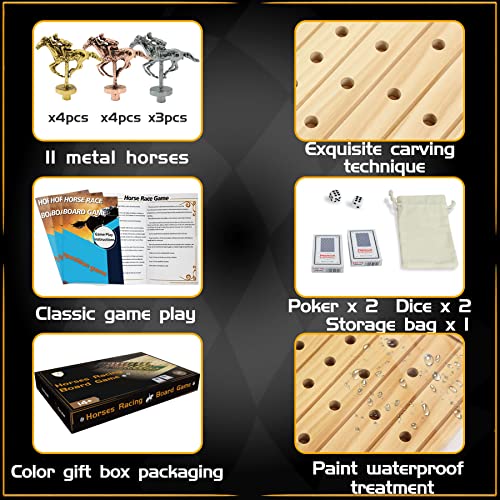 Jyquorp Juego de mesa de carreras de caballos de madera maciza gruesa con 11 caballos de metal clásicos duraderos con 4 dados y 2 cajas de cartas, juego de carreras de caballos (color de tronco,