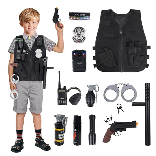 KalaDuck Disfraz Policía Niños, Juego de Rol de Policía Uniforme con Juguetes Accesorios de Policía, 12 Piezas Infantil Halloween Disfraz de Policía Trajes de Regalo