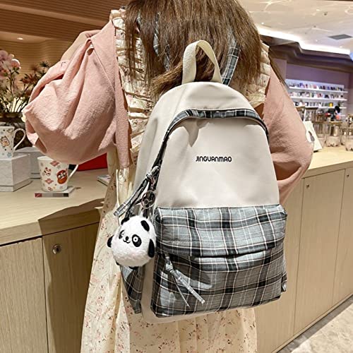 Kawaii - Mochila a cuadros con 1 bonito colgante de panda para niñas y adolescentes, Azul / Patchwork, L, Mochilas tradicionales