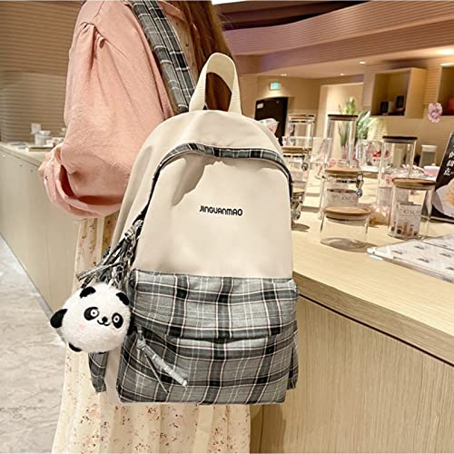 Kawaii - Mochila a cuadros con 1 bonito colgante de panda para niñas y adolescentes, Azul / Patchwork, L, Mochilas tradicionales