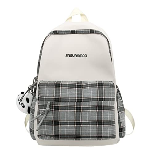 Kawaii - Mochila a cuadros con 1 bonito colgante de panda para niñas y adolescentes, Azul / Patchwork, L, Mochilas tradicionales