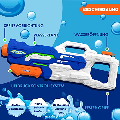 KESSER® Juego de pistolas de agua de 2 pistolas de agua pistolas rociadoras rango 10-11 metros, capacidad 1500ml diversión en el agua juguetes de playa al aire libre para niños, azul/blanco