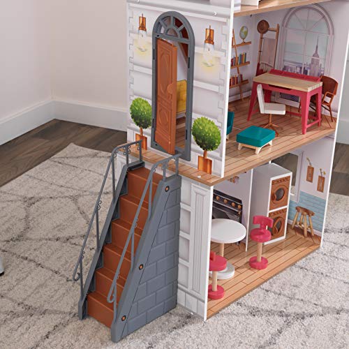 KidKraft Casa de muñecas de Madera Rowan con Muebles y Accesorios incluidos, Casita de Juguete con terraza, 4 Niveles de Juego, Juguetes niños y niñas Desde 3 años (10238)