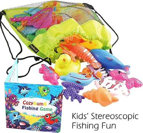 Kids Magnetic Fishing Board Game Toys Set by ECLifeHack - Bathtime Or Pool Party with Pole Rod Net Plastic Floating Fish - Toddler Education Teaching and Learning of Colors Ocean Sea Animals