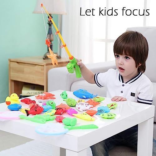 Kids Magnetic Fishing Board Game Toys Set by ECLifeHack - Bathtime Or Pool Party with Pole Rod Net Plastic Floating Fish - Toddler Education Teaching and Learning of Colors Ocean Sea Animals