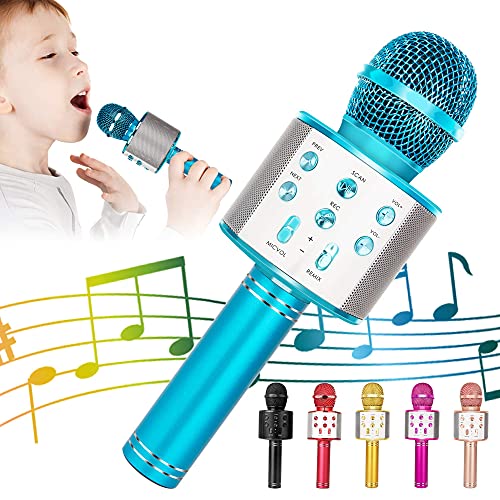 KIDWILL Micrófono Inalámbrico Bluetooth Karaoke, 5-en-1 Portátil Radio FM Karaoke Mic Altavoz Reproductor Grabador para Niños Adultos Cumpleaños Fiesta KTV Compatible con iPhone Android iPad PC(Azul)