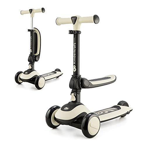 Kinderkraft HALLEY, Patinete 2 en 1, Para Niños, Ajustable, Draisienne, Triciclo, Multifuncional, Bici, 3 Ruedas, LED, De 2 años hasta 50 kilos, Blanco. Montaje en suelo