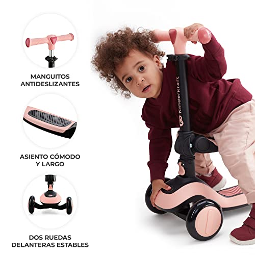 Kinderkraft HALLEY, Patinete 2 en 1, Para Niños, Ajustable, Draisienne, Triciclo, Multifuncional, Bici, 3 Ruedas, LED, De 2 años hasta 50 kilos, Blanco. Montaje en suelo