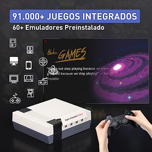 Kinhank Consola Retro, Super Console X Cube, 91,000+ Juegos, 60+ Emuladores Clásicos, Retro Game Console, EmuELEC 3.9 & Android 6.0, Chip S905, Pantalla 4K UHD, con 2 Controladores, 64 GB