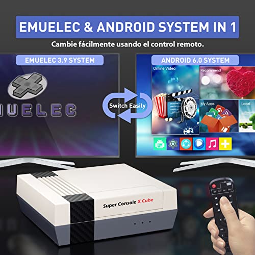 Kinhank Consola Retro, Super Console X Cube, 91,000+ Juegos, 60+ Emuladores Clásicos, Retro Game Console, EmuELEC 3.9 & Android 6.0, Chip S905, Pantalla 4K UHD, con 2 Controladores, 64 GB