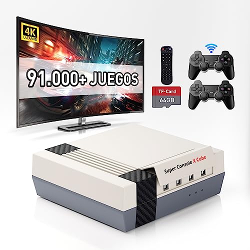 Kinhank Consola Retro, Super Console X Cube, 91,000+ Juegos, 60+ Emuladores Clásicos, Retro Game Console, EmuELEC 3.9 & Android 6.0, Chip S905, Pantalla 4K UHD, con 2 Controladores, 64 GB