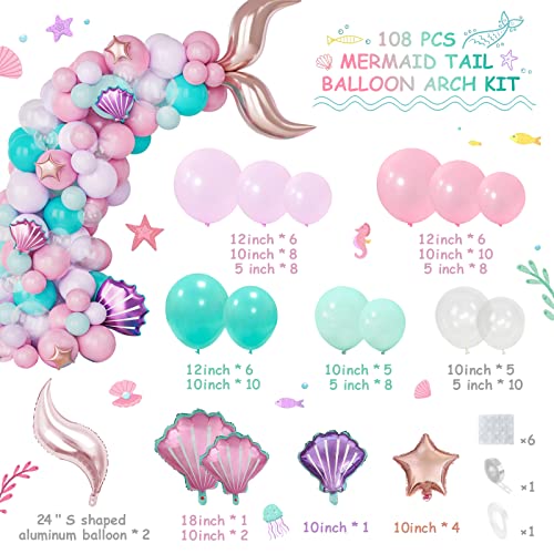 Kit De Arco Globos Cola Sirena Rosa, 108 Piezas Guirnalda Globos Azul Verde Azulado Morado Pastel Con Globo Estrella Oro Rosa Para Niña Decoraciones Fiesta Temática Cumpleaños Sirena y Océano Bajo Mar