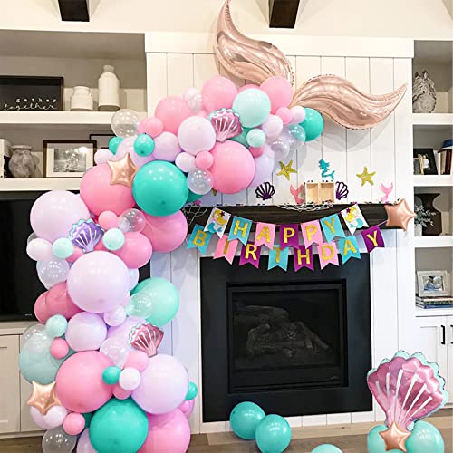 Kit De Arco Globos Cola Sirena Rosa, 108 Piezas Guirnalda Globos Azul Verde Azulado Morado Pastel Con Globo Estrella Oro Rosa Para Niña Decoraciones Fiesta Temática Cumpleaños Sirena y Océano Bajo Mar