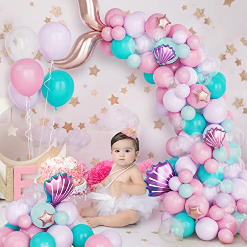 Kit De Arco Globos Cola Sirena Rosa, 108 Piezas Guirnalda Globos Azul Verde Azulado Morado Pastel Con Globo Estrella Oro Rosa Para Niña Decoraciones Fiesta Temática Cumpleaños Sirena y Océano Bajo Mar