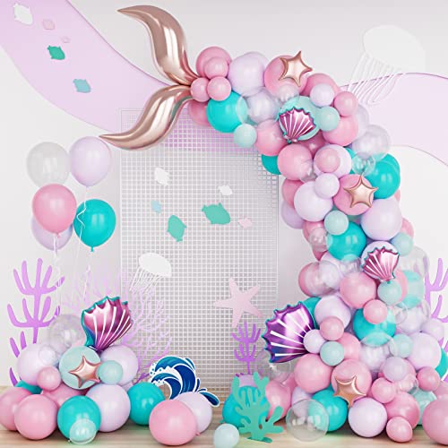 Kit De Arco Globos Cola Sirena Rosa, 108 Piezas Guirnalda Globos Azul Verde Azulado Morado Pastel Con Globo Estrella Oro Rosa Para Niña Decoraciones Fiesta Temática Cumpleaños Sirena y Océano Bajo Mar