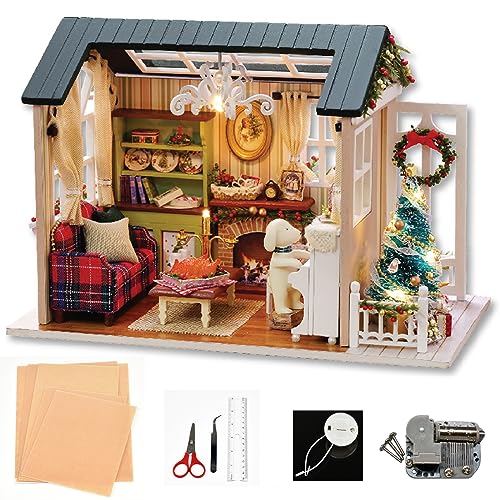 Kit de casa de muñecas en Miniatura 1:24 Mini 3D de Madera con Muebles, Luces LED, decoración de Navidad, Regalo de cumpleaños para niños, Adolescentes, Adultos (Holiday Time) (Caja de música)