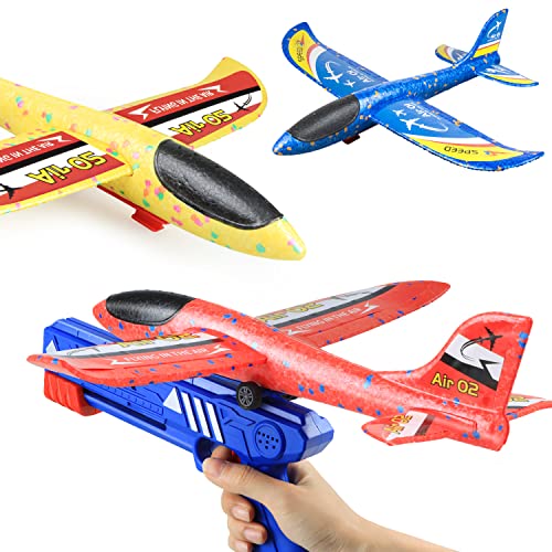 kizplays Avión de Juguete, 3 Piezas de Tiro Planeador de Espuma de poliestireno Avión de Juguete con Pistola de catapulta y la Etiqueta engomada