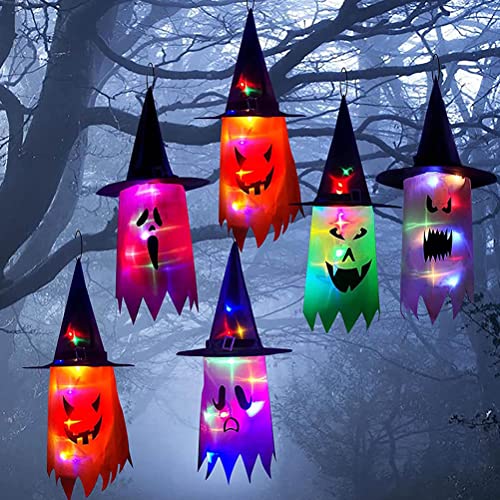 KKPLZZ Decoraciones de halloween Ilumina Sombreros de Bruja Fantasma Colgantes Fantasma Maléfico Decoración de Halloween Adornos Fantasmas Colgantes para el Hogar Jardín Fiesta Interior Exterior