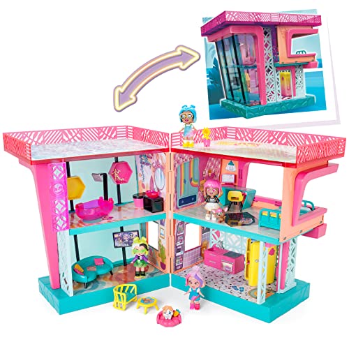 KOOKYLOOS Luna’s Dream Villa – Casa de muñecas con Accesorios, muñeca y Mascota exclusivas. Incluye mobiliario, Pegatinas y Suelos Intercambiables & Mia's Kooky Caravan - Caravana con Accesorios