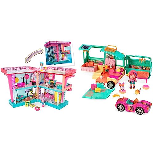 KOOKYLOOS Luna’s Dream Villa – Casa de muñecas con Accesorios, muñeca y Mascota exclusivas. Incluye mobiliario, Pegatinas y Suelos Intercambiables & Mia's Kooky Caravan - Caravana con Accesorios