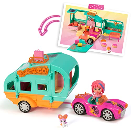 KOOKYLOOS Mia's Kooky Caravan - Caravana con accesorios, muñeca y mascota, incluye 1 coche, utensilios de cocina, maletas