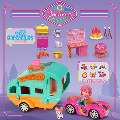 KOOKYLOOS Mia's Kooky Caravan - Caravana con accesorios, muñeca y mascota, incluye 1 coche, utensilios de cocina, maletas