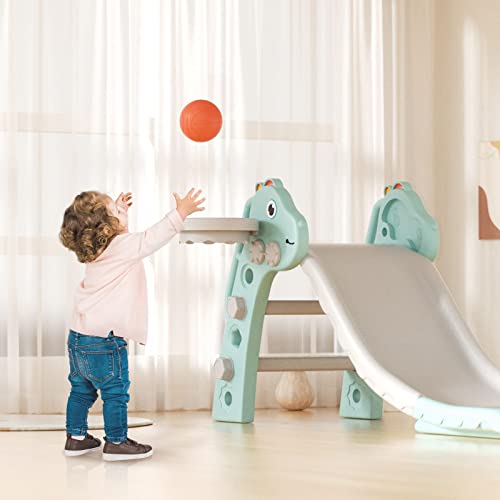 KORIMEFA Tobogán Infantil con Canasta de Baloncesto y Escalera para niños, Primer tobogán, Escalador, tobogán Independiente con Pasos de Escalada para Interior y Exterior, Patio de recreo (Verde)