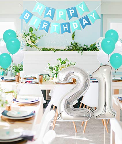 Kreatwow 21st Birthday Decorations Girls Teal Happy 21st Birthday Sash Twenty One Birthday Cake Topper Number 21 Balloons for Her Woman