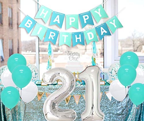 Kreatwow 21st Birthday Decorations Girls Teal Happy 21st Birthday Sash Twenty One Birthday Cake Topper Number 21 Balloons for Her Woman