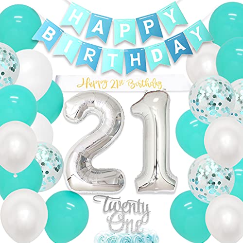 Kreatwow 21st Birthday Decorations Girls Teal Happy 21st Birthday Sash Twenty One Birthday Cake Topper Number 21 Balloons for Her Woman