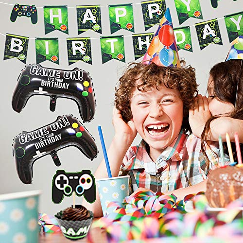 Kreatwow Videojuego Decoraciones de cumpleaños Juego en Level Up Gamer Suministros para Fiestas de cumpleaños para niños Globos Feliz cumpleaños Banner Cupcake Toppers