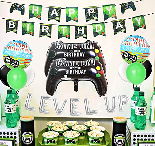 Kreatwow Videojuego Decoraciones de cumpleaños Juego en Level Up Gamer Suministros para Fiestas de cumpleaños para niños Globos Feliz cumpleaños Banner Cupcake Toppers