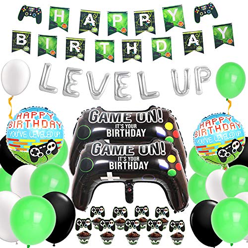 Kreatwow Videojuego Decoraciones de cumpleaños Juego en Level Up Gamer Suministros para Fiestas de cumpleaños para niños Globos Feliz cumpleaños Banner Cupcake Toppers