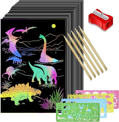 KreEzi Scratch Art Paper, 50 Obras De Arte De Raspado De Arco Iris y Manualidades Infantiles Papel Rayado Negro, con 5 Estilográficas De Madera, 4 Reglas De Dibujo y 1 Sacapuntas