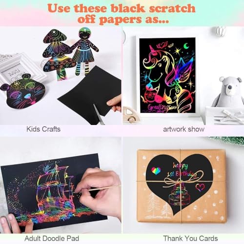 KreEzi Scratch Art Paper, 50 Obras De Arte De Raspado De Arco Iris y Manualidades Infantiles Papel Rayado Negro, con 5 Estilográficas De Madera, 4 Reglas De Dibujo y 1 Sacapuntas