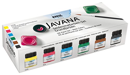 KREUL 81600 - Juego de pintura para seda Javana con 6 botes de pintura de vidrio de 20 ml, 1 tubo de guta de 20 ml y 1 pincel, para seda y tejidos ligeros Colores básicos