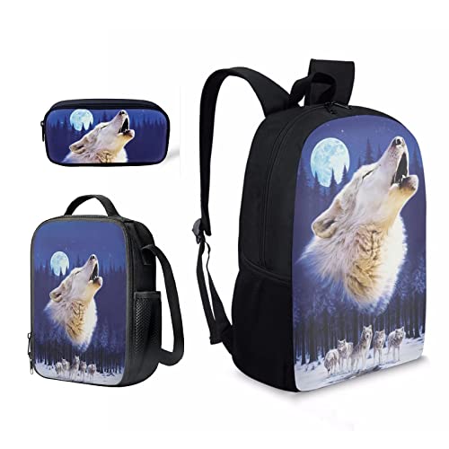 Kuiaobaty Mochila escolar para niños, mochila de fútbol, libélula espacial, galaxia, zorro, conjuntos de mochila aislada, bolsa de almuerzo, Lobo aullando