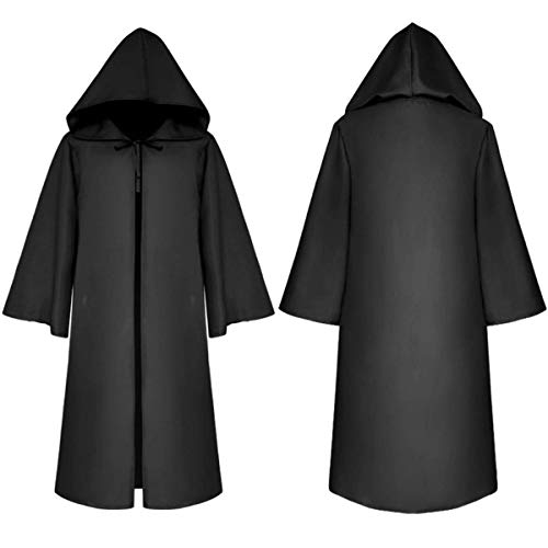 LATH.PIN Capa con capucha para hombre, ropa medieval, abrigo gótico, caballero, túnica larga, disfraz de Halloween, unisex, cosplay, bruja, vampiro (negro, S)