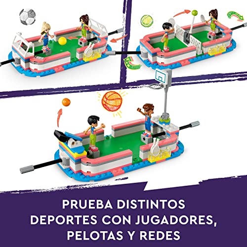 LEGO 41744 Friends Centro Deportivo con Juegos de Fútbol, Baloncesto, Tennis y Muro de Escalada, 4 Mini Muñecas, Juguete Heartlake City, Regalo de Reyes para Niñas y Niños de 8 Años o Más