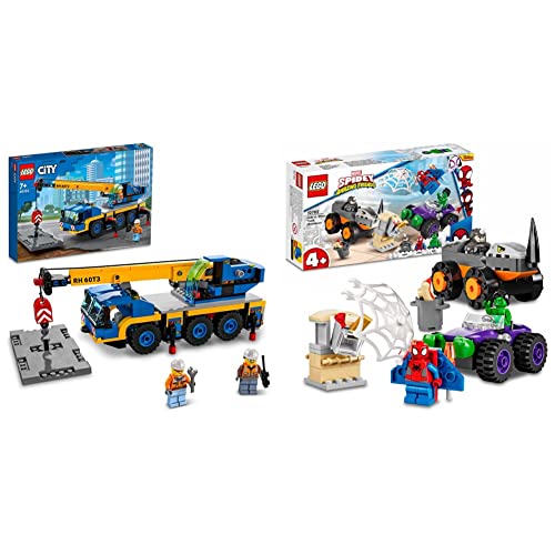 LEGO 60324 City Grúa Móvil, Set de Vehículos de Construcción + 10782 Marvel Spidey y Su Superequipo Camiones de Combate de Hulk y Rino