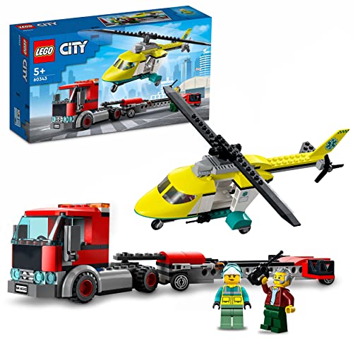 LEGO 60343 City Transporte del Helicóptero de Rescate con Camión de Juguete y Mini Figuras, Regalo para Niños y Niñas de 5 Años en Adelante