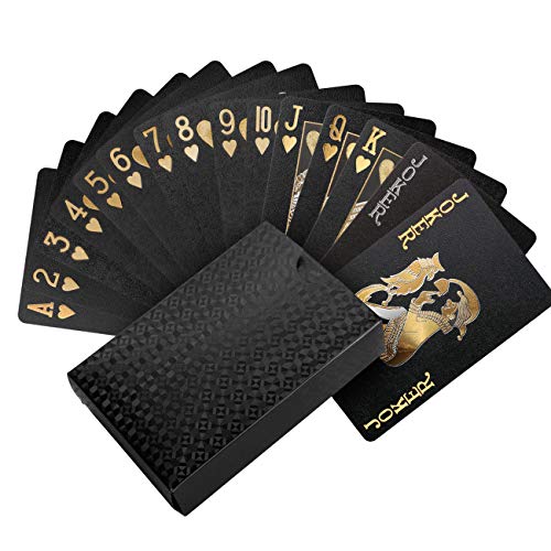 LEMESO Baraja Poker Plastico Negro Impermeable(54 Cartas,Dorado) Ideales para Juegos y Trucos de Magia