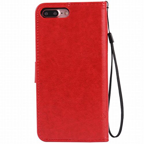 LEMORRY para Apple iPhone 7 Plus Funda Estuches Pluma Repujado Cuero Flip Billetera Piel Protector Magnética TPU Silicona Carcasa Tapa para iPhone 7 Plus, Árbol Suerte Red